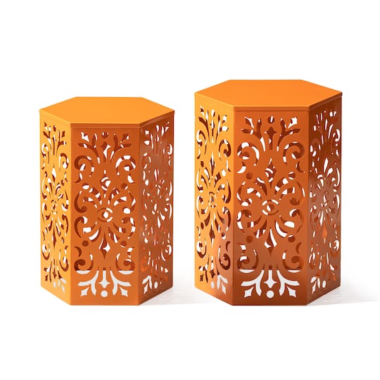 Glitzhome&#xAE; Orange Floral Motif Hexagonal Garden Stool Set